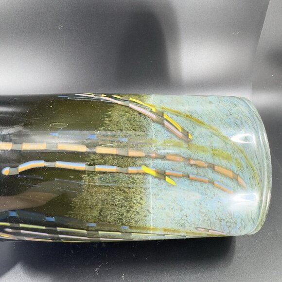 Vintage 1977 Hand Blown Art Glass Cylinder Vase Vessel Spoon Rest Artist Signed - Picture 7 of 15